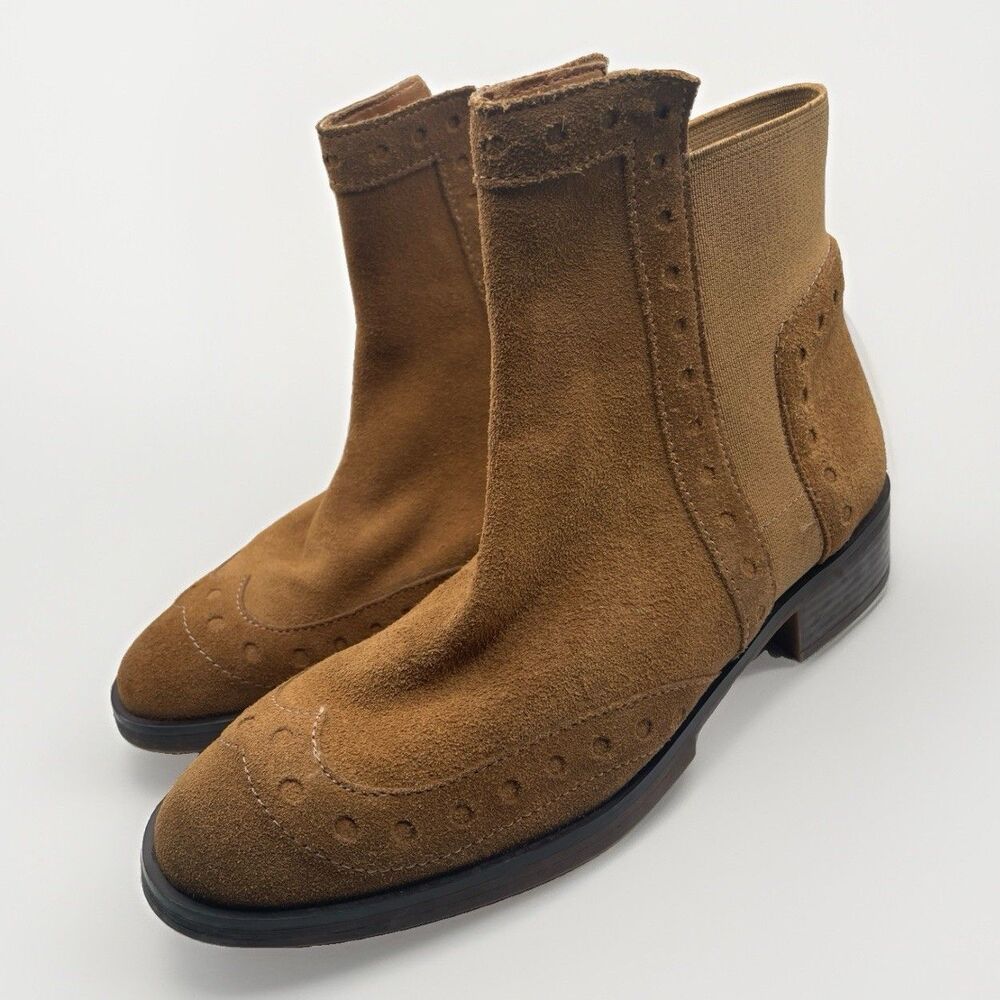 Zara Basic Tan Suede Chelsea Ankle Boot Wingtip Brogue EU 36 US 6
